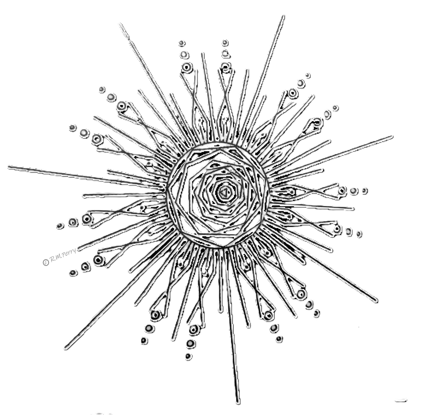 Black and white illustration of a sun-like pattern with radiating lines and circular center.