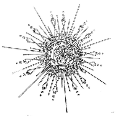 Black and white illustration of a sun-like pattern with radiating lines and circular center.