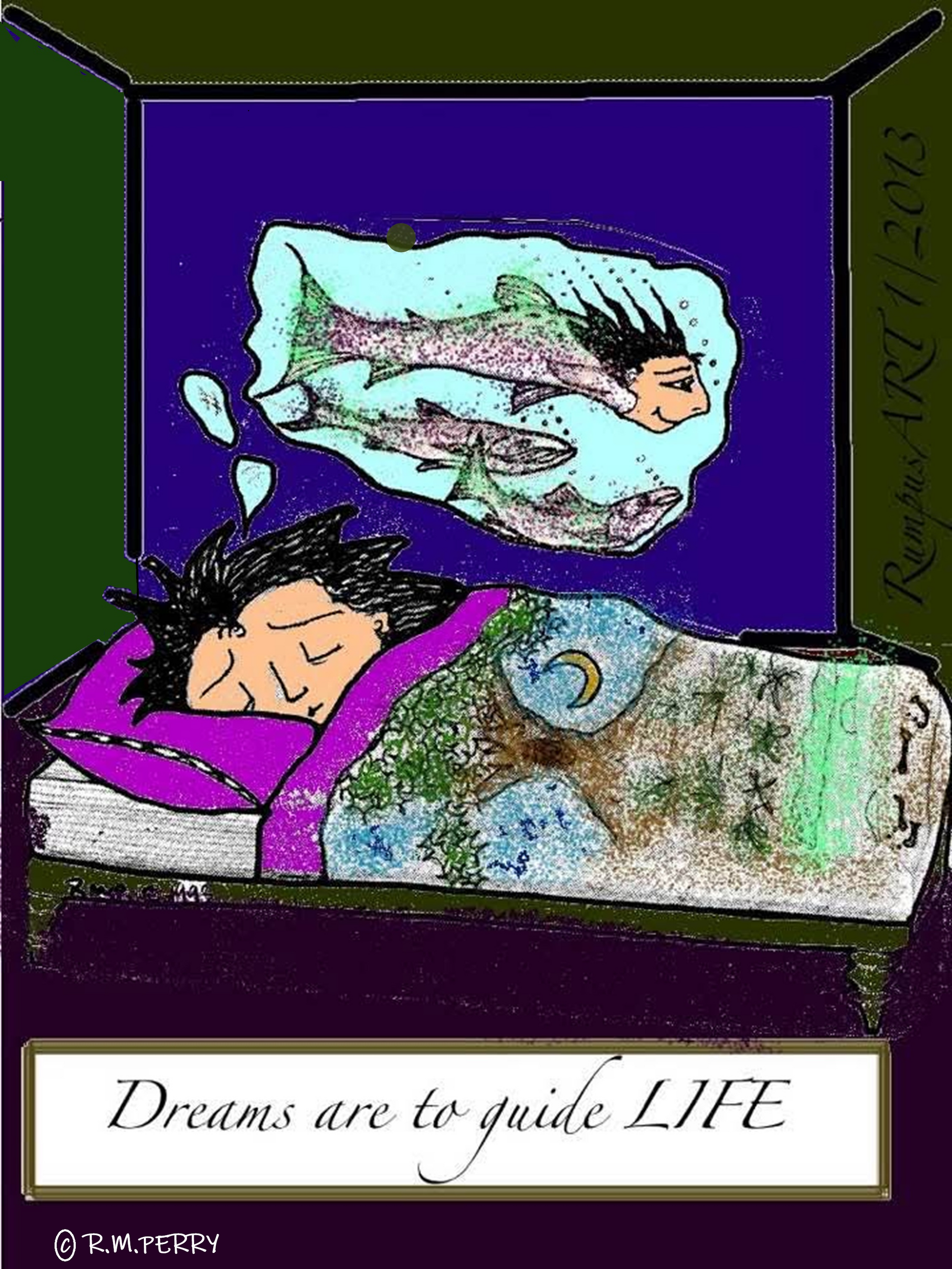 Artistic depiction of a person sleeping with fish above their head, symbolizing dreams guiding life.