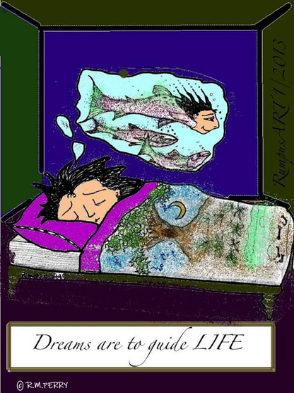 Artistic depiction of a person sleeping with fish above their head, symbolizing dreams guiding life.