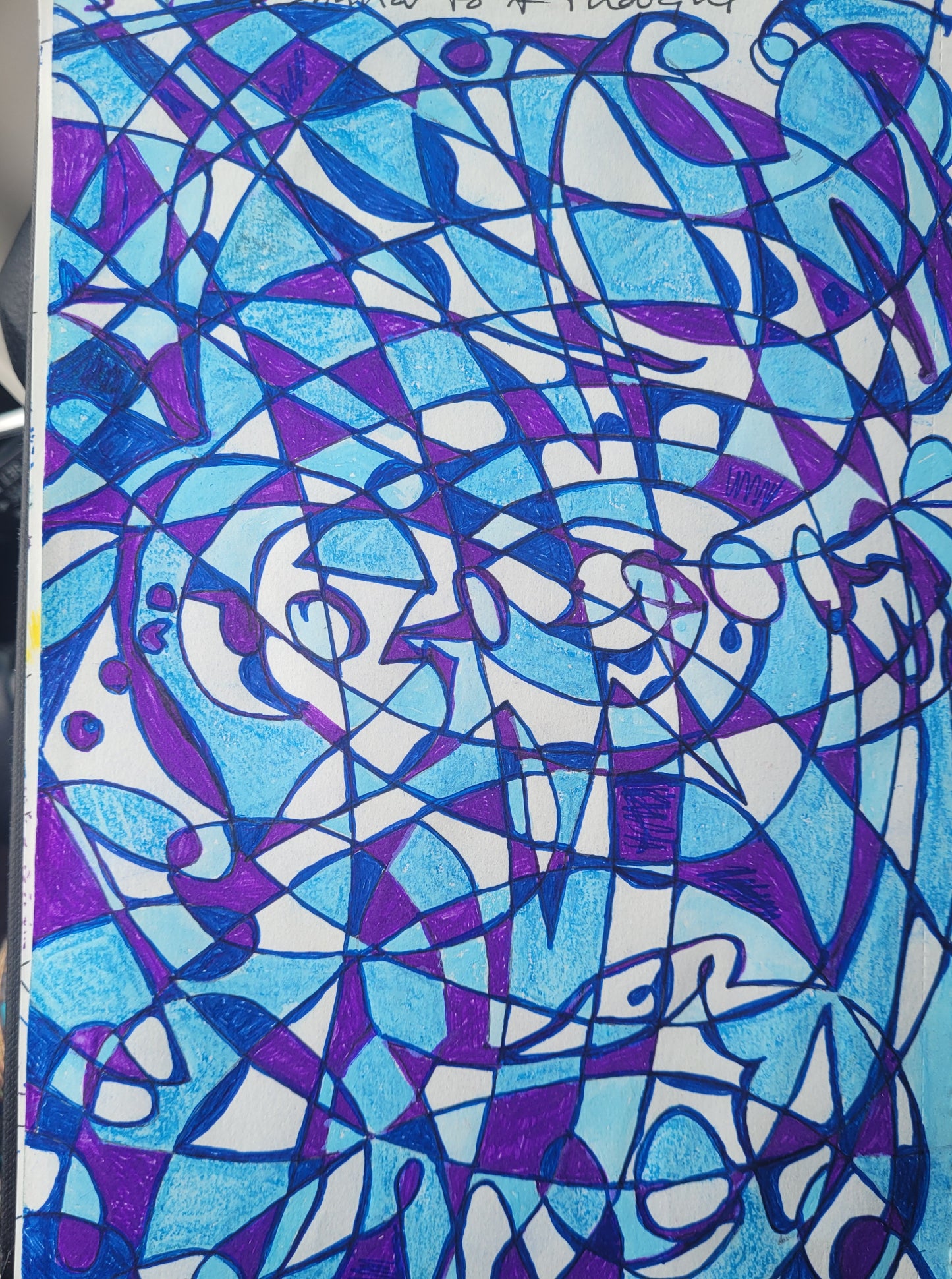 Abstract art piece with blue and purple geometric patterns